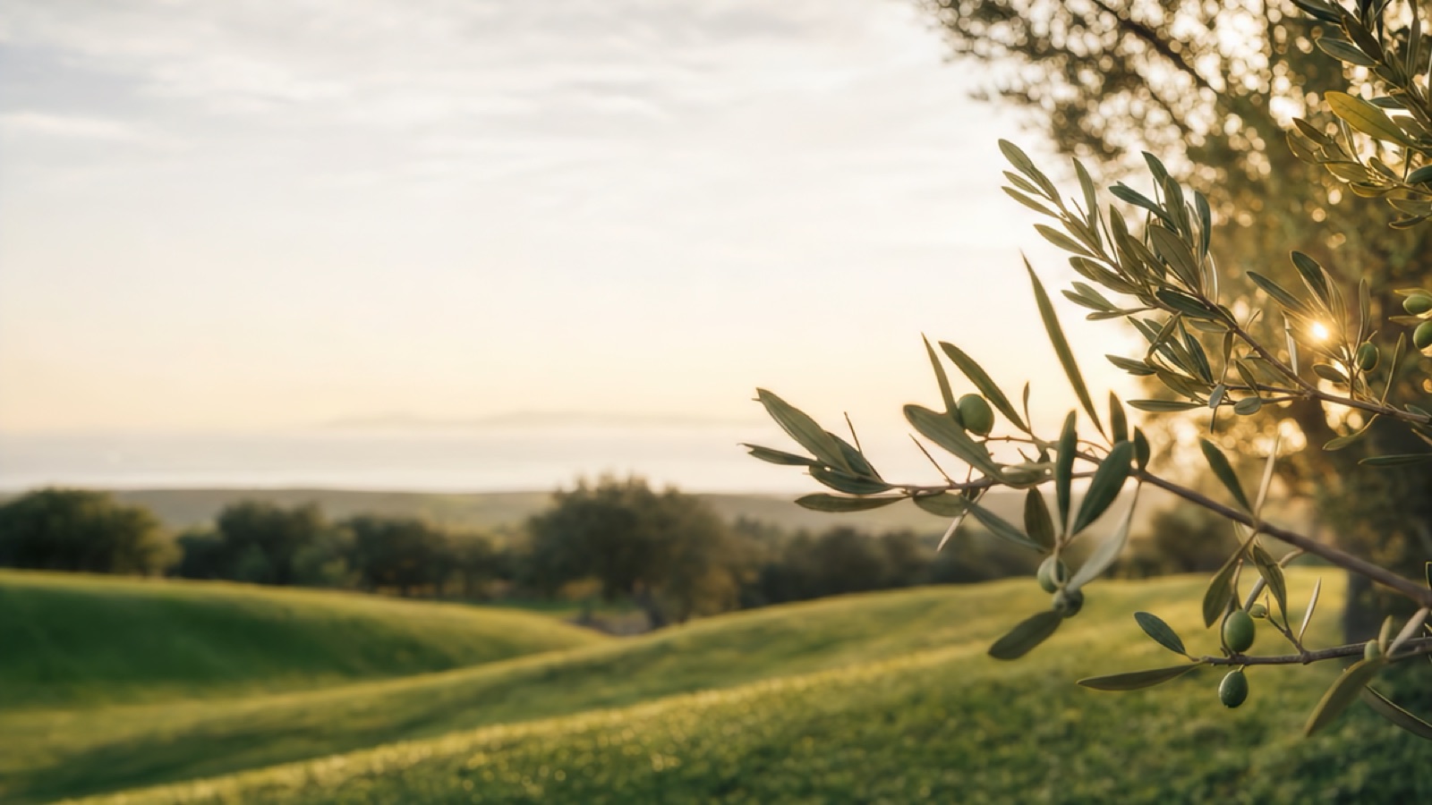 An olive branch at golden dawn over the rolling green hills near San Jose, California
